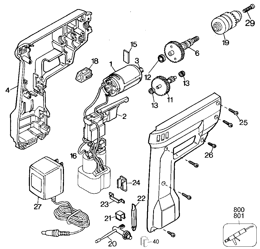 Exploded Diagram A Diagram and Parts List for 9013-25 Type 4 Black and Decker Cordless Drill
